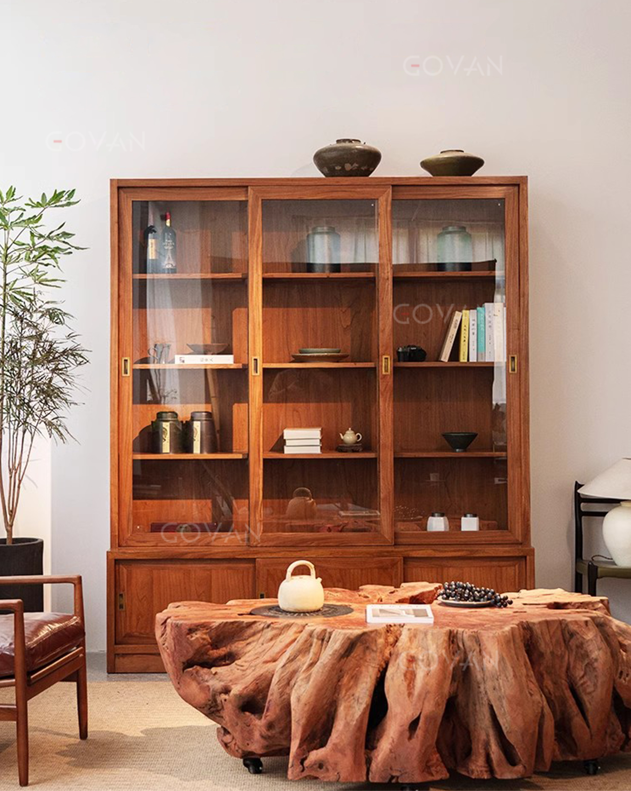 Wooden Furniture-Bookcase-Solid Wood Sliding Door Glass Bookcase