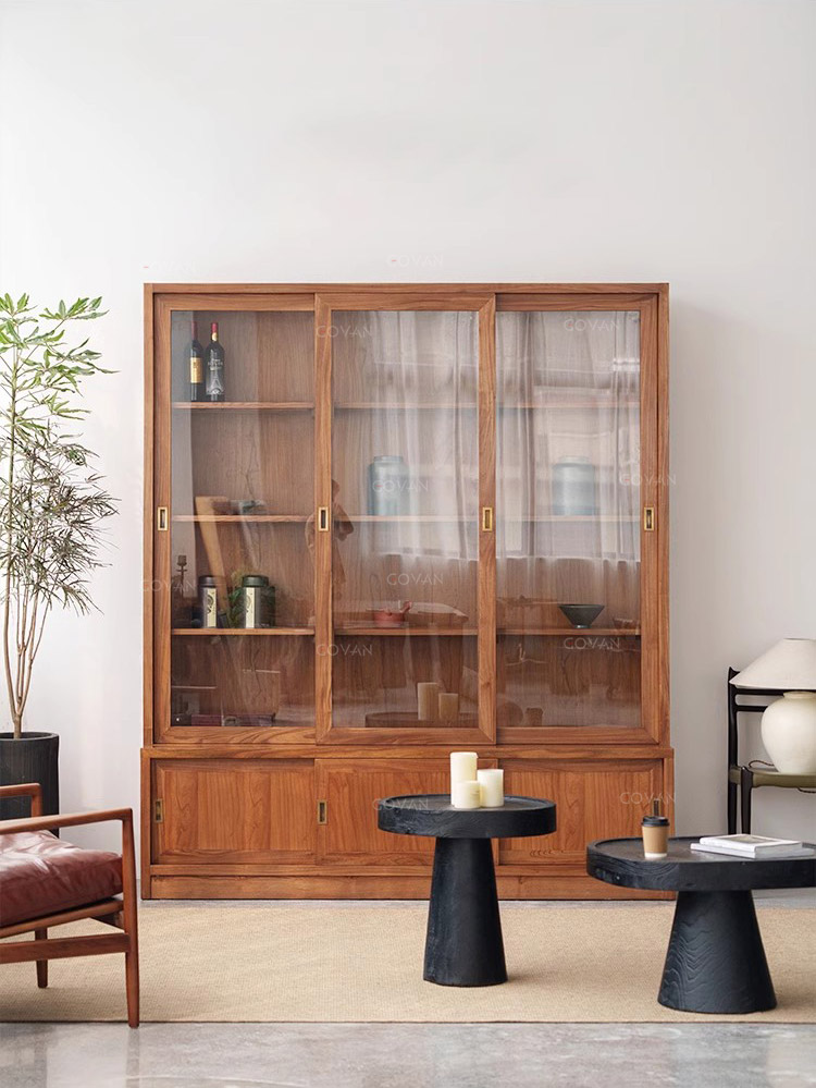 Wooden Furniture-Bookcase-Solid Wood Sliding Door Glass Bookcase
