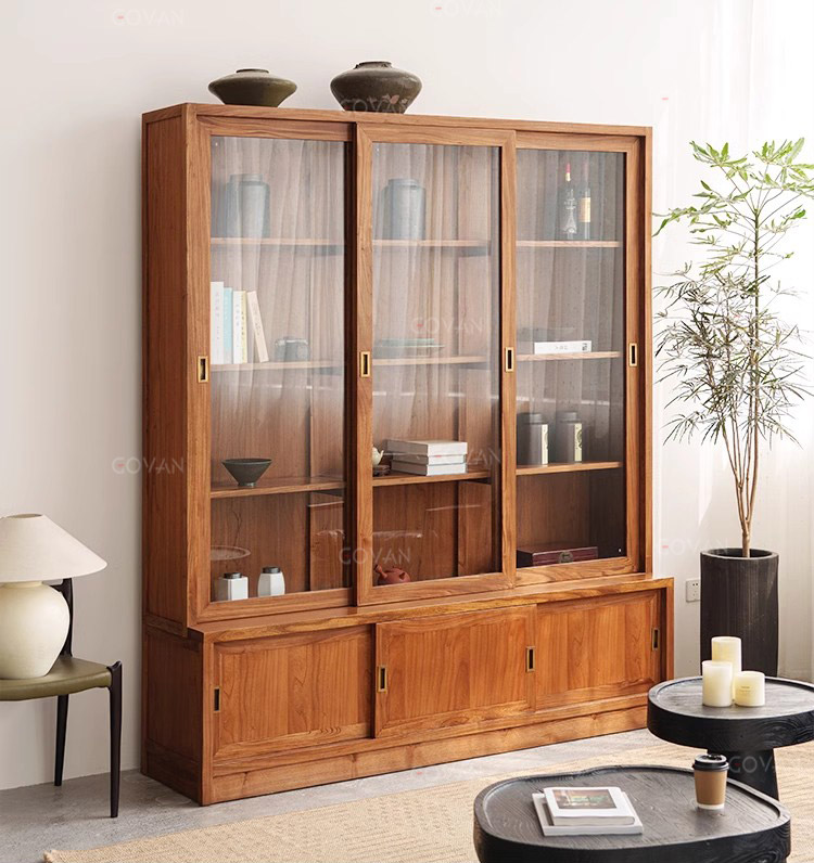 Wooden Furniture-Bookcase-Solid Wood Sliding Door Glass Bookcase
