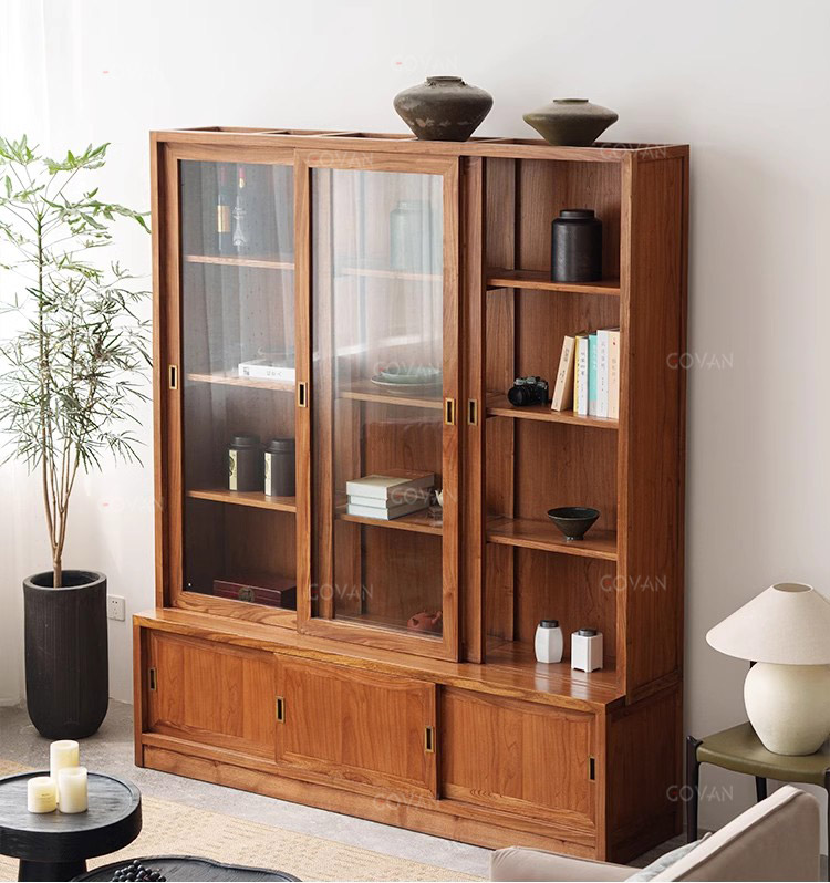Wooden Furniture-Bookcase-Solid Wood Sliding Door Glass Bookcase
