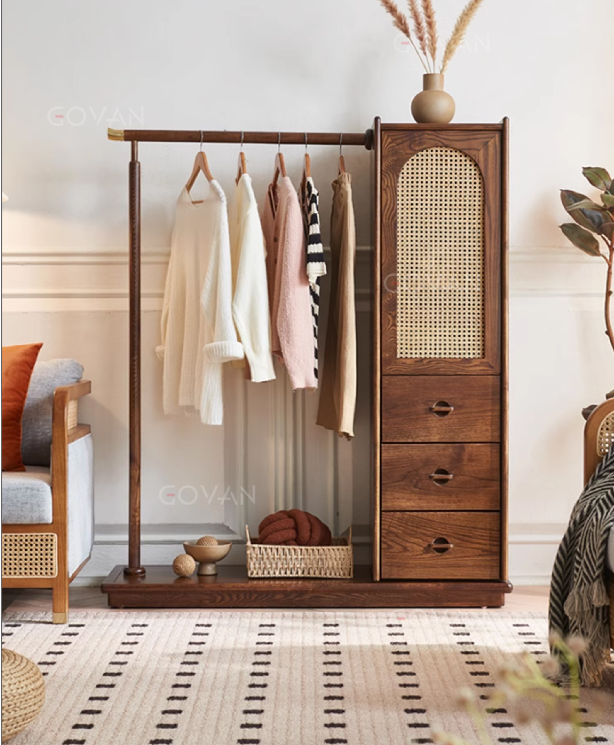 Wooden Furniture-Wardrobe-Rattan Ash Wood Wardrobe Rack