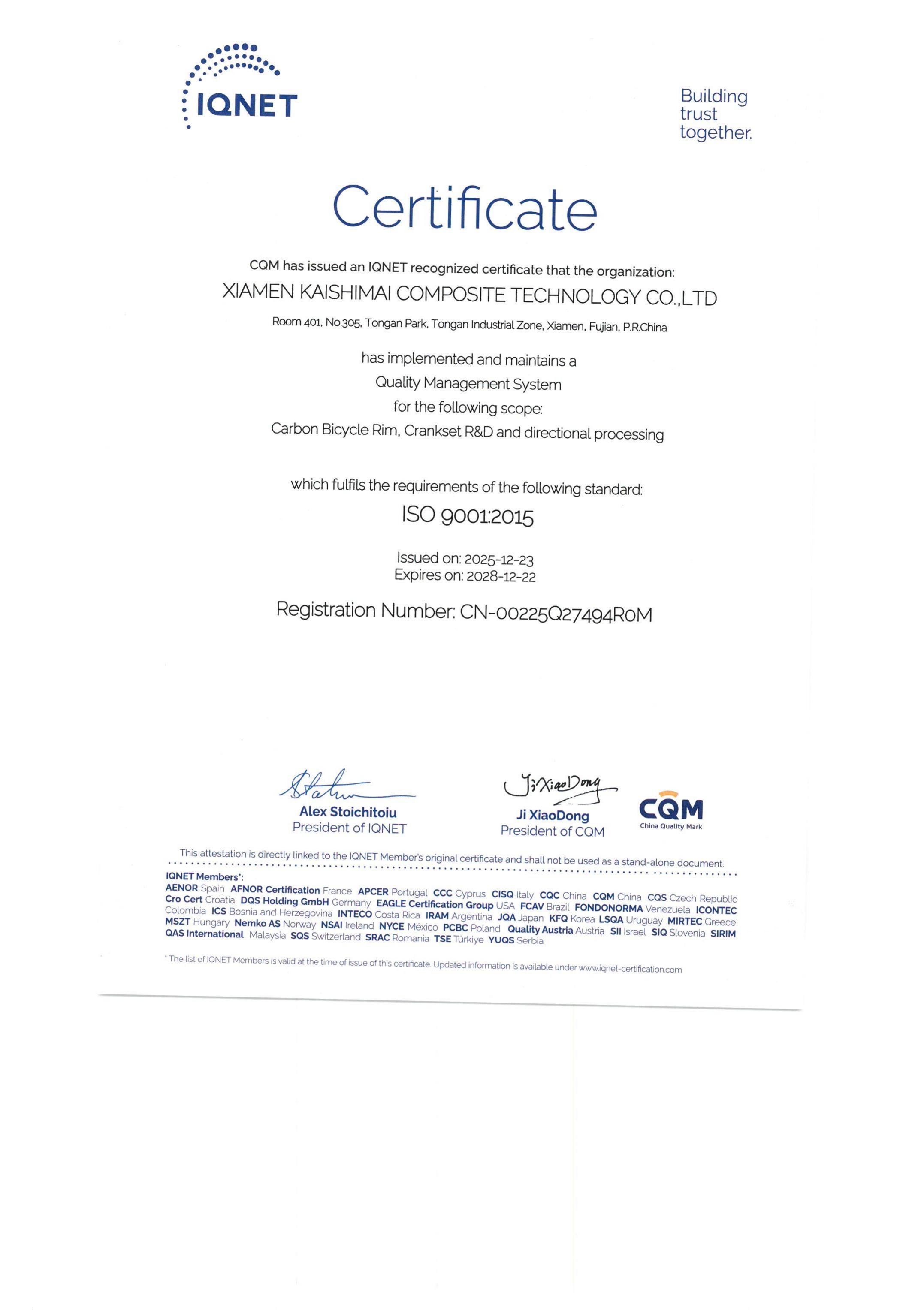 Certificado de Sistema de Gestión de Calidad de Reconocimiento Mutuo Internacional de IQNET