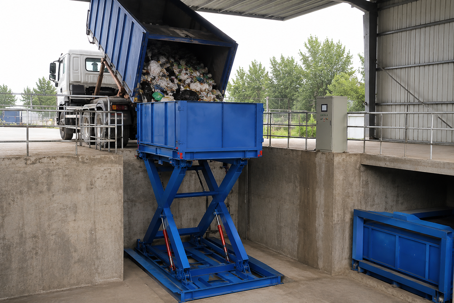 Station de compression horizontale enterrée pour déchets avec commande par automate programmable
