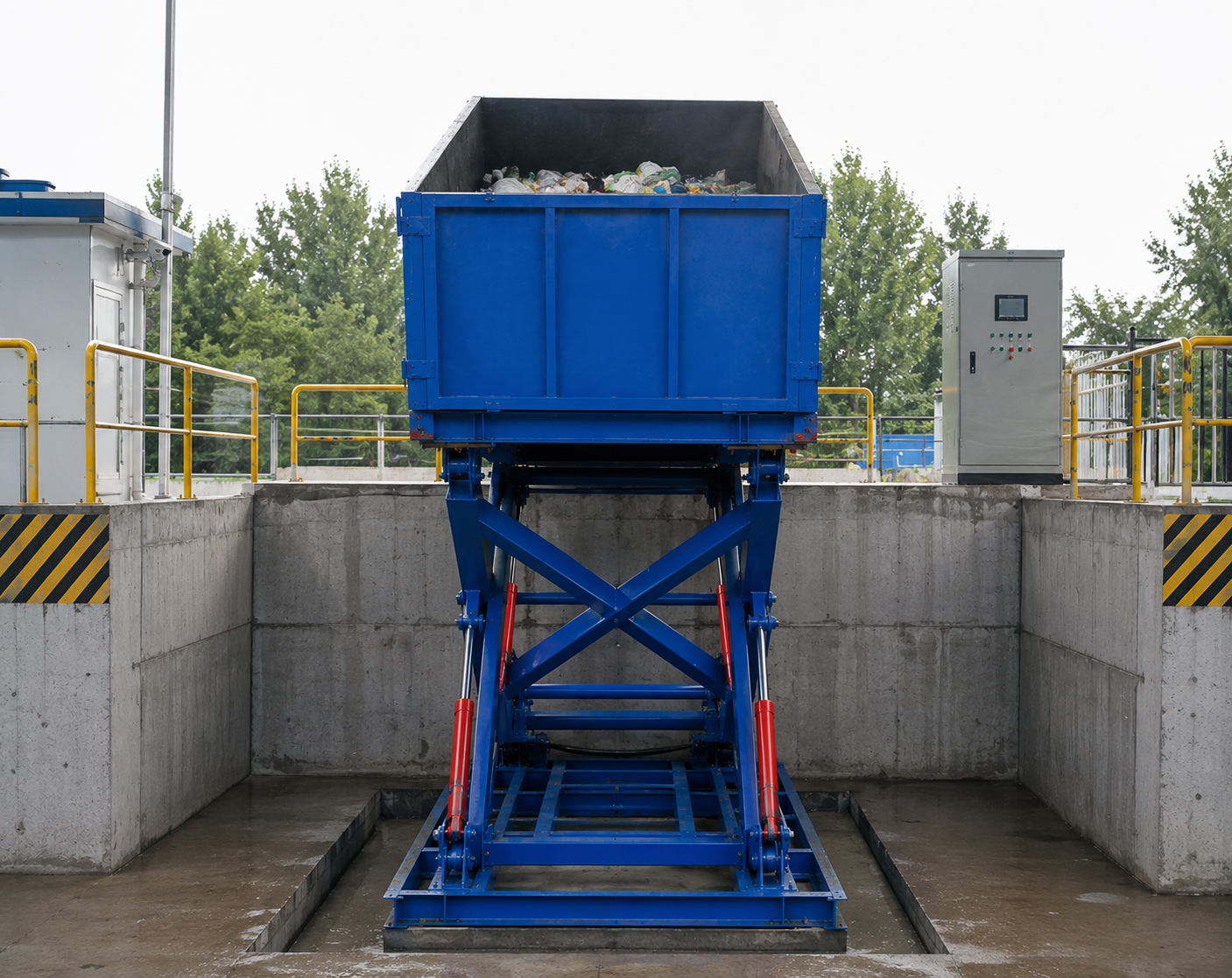 Station de compression horizontale enterrée pour déchets avec commande par automate programmable