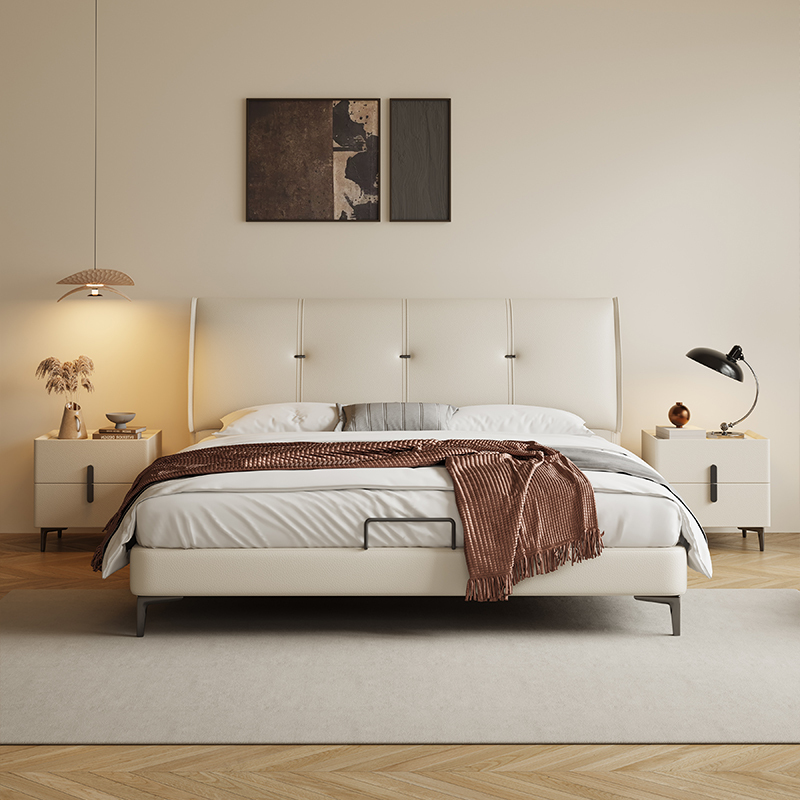 Spații de locuit Pat king-size tapițat în alb