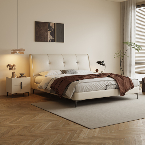 Spații de locuit Pat king-size tapițat în alb