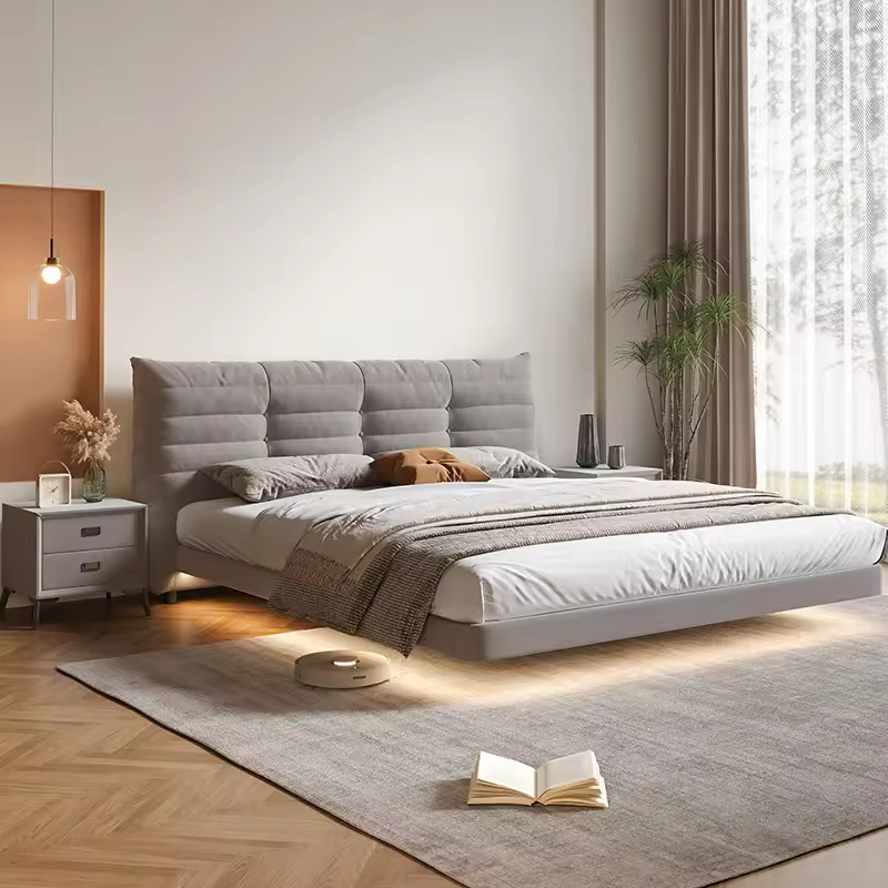 Mobilă de pat plutitoare cu design simplu și lumină