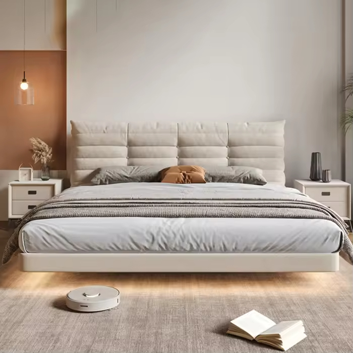 Mobilă de pat plutitoare cu design simplu și lumină