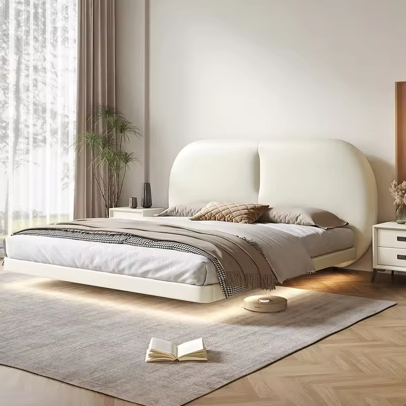 Cadru de pat plutitor cu LED-uri din piele bej, moale