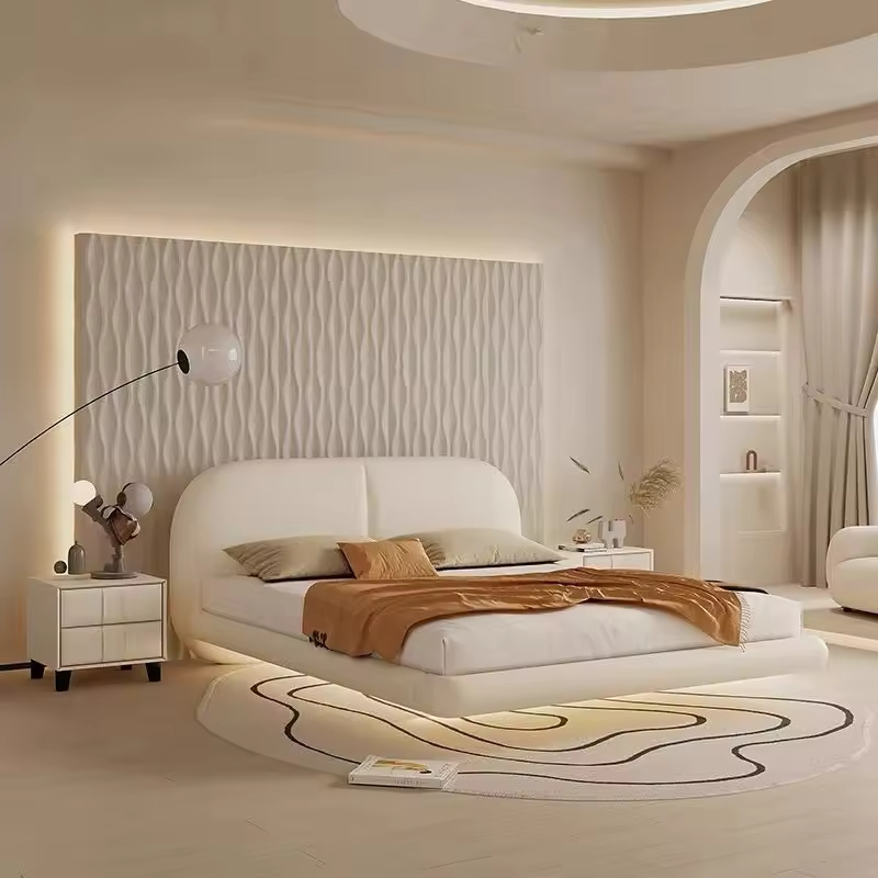 Cadru de pat plutitor cu LED-uri din piele bej, moale