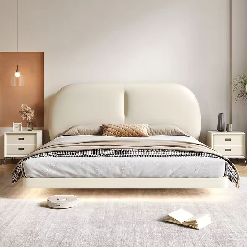 Cadru de pat plutitor cu LED-uri din piele bej, moale