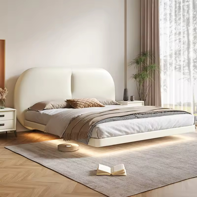 Cadru de pat plutitor cu LED-uri din piele bej, moale