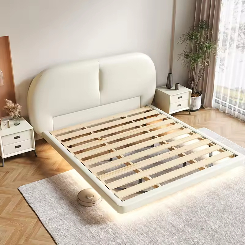 Cadru de pat plutitor cu LED-uri din piele bej, moale