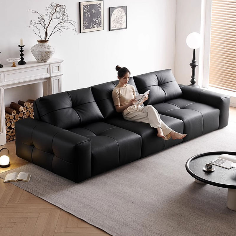 Canapea din piele de lux de culoare neagră pentru sufragerie