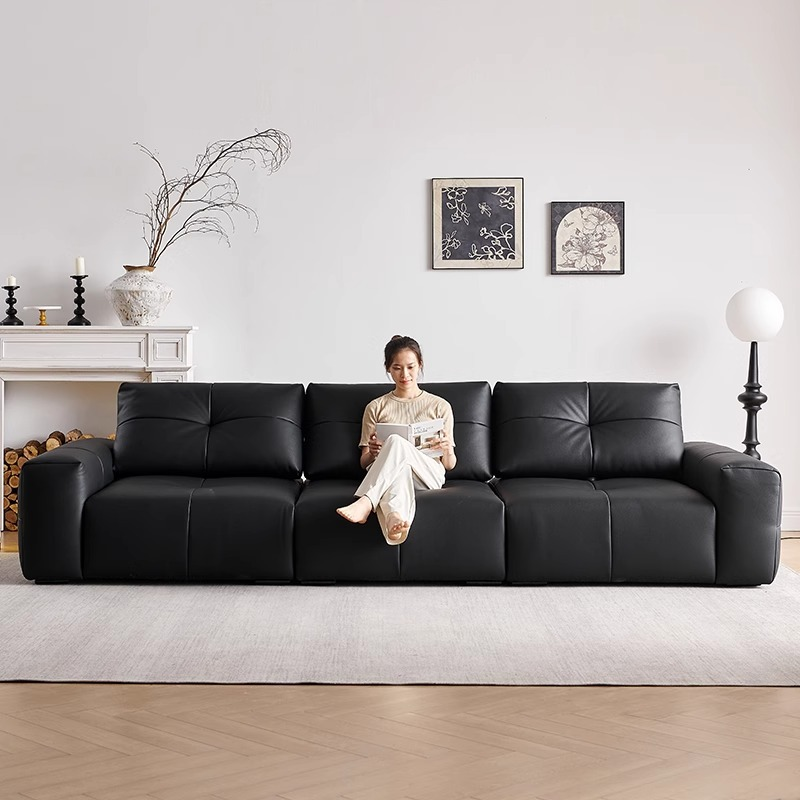 Canapea din piele de lux de culoare neagră pentru sufragerie