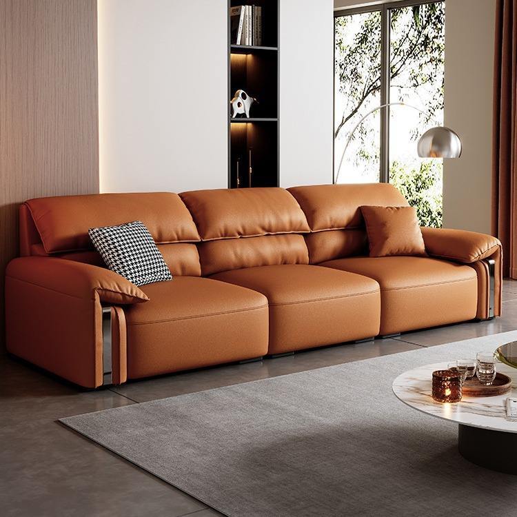 Canapea din piele maro cu spătar înalt, 4 locuri, pentru casă