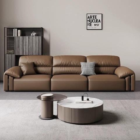 Canapea din piele maro cu spătar înalt, 4 locuri, pentru casă