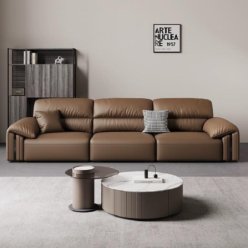 Canapea din piele maro cu spătar înalt, 4 locuri, pentru casă