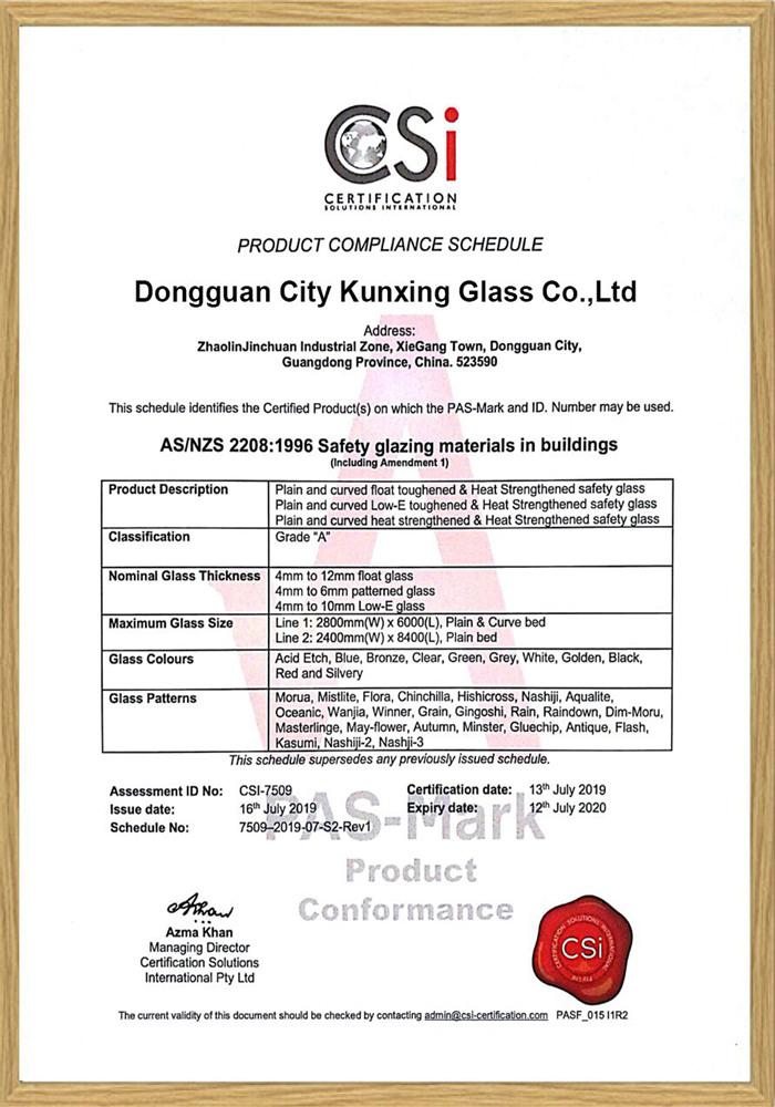 KXG ASNZS 2208 for tempered glass KXG ASNZS 2208 for tempered glass