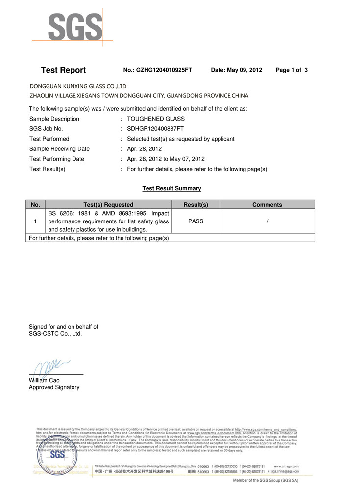 BS6206 Toughened glass report by SGS BS6206 Toughened glass report by SGS