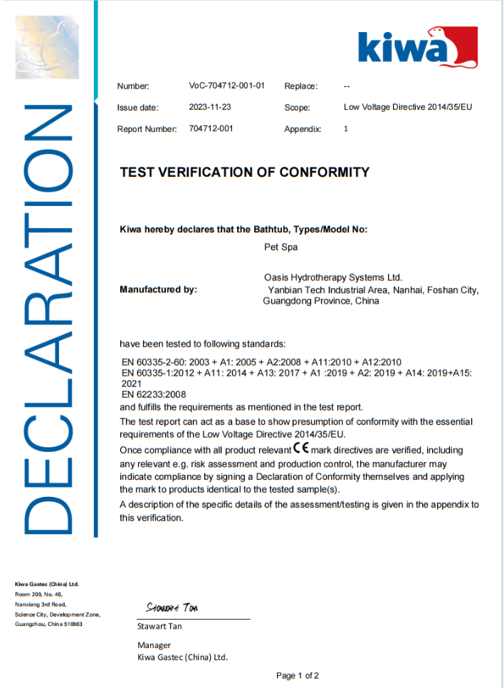 TEST VERIFICATION OF CONFORMITY