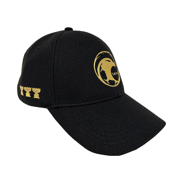 Gorra de béisbol de 6 paneles con estampado de TPU dorado y tela de algodón.