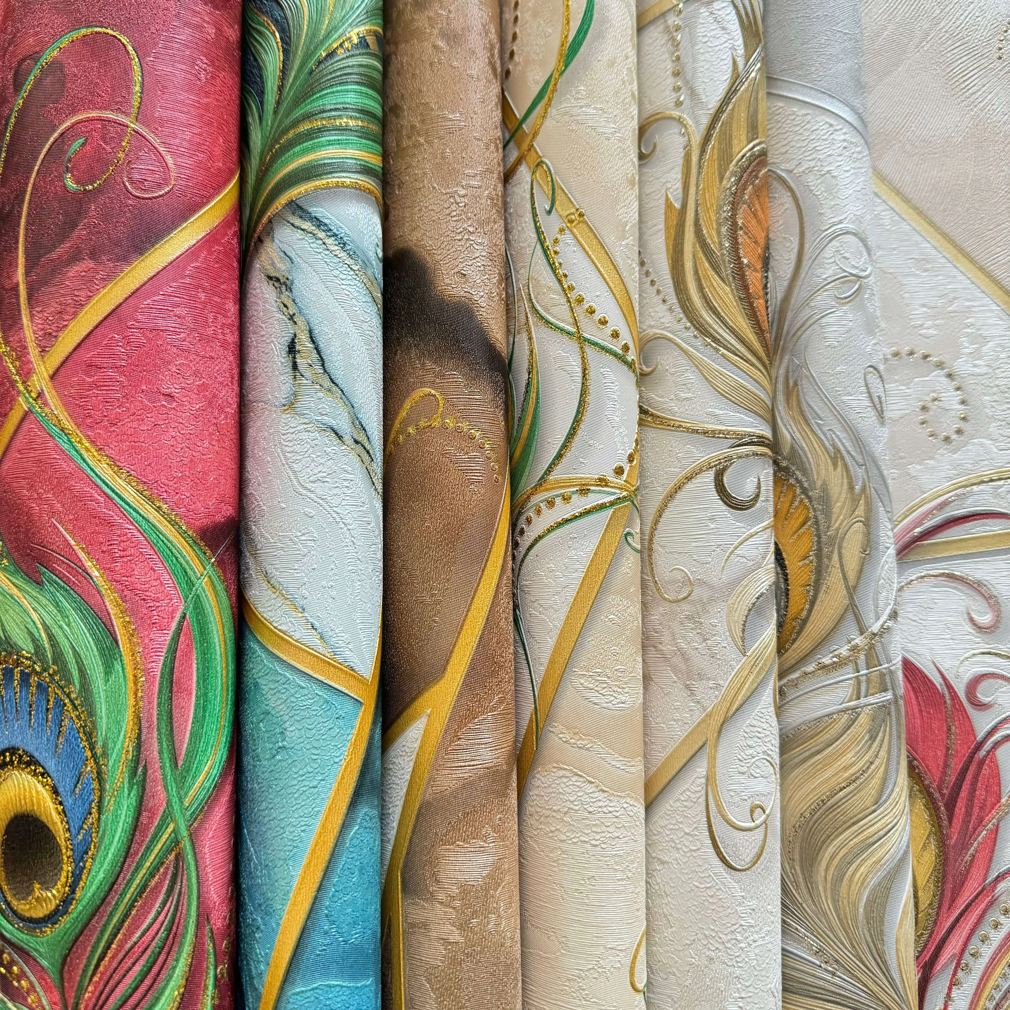 Modern Peacock Feather PVC Wallpaper Unique Geometric Pattern Colorful Luxury Waterproof Moisture-Proof for Home Hotel Decor