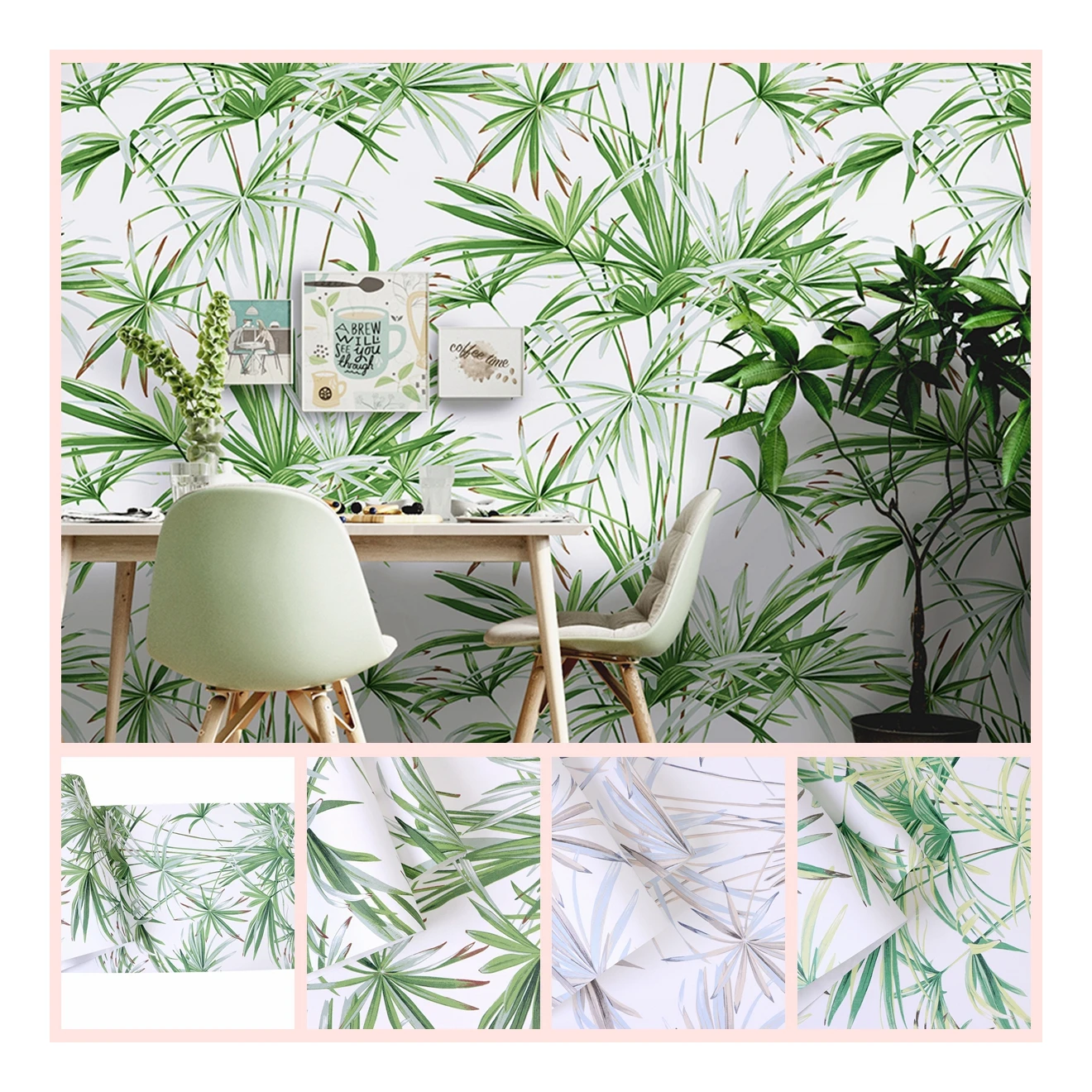 Modern Floral Design 3D Universal PVC Wallcovering Green Colour Waterproof Paper Wallpaper for Living Room Walls