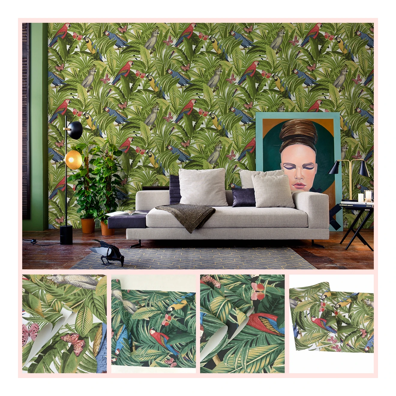 Modern Floral Design 3D Universal PVC Wallcovering Green Colour Waterproof Paper Wallpaper for Living Room Walls