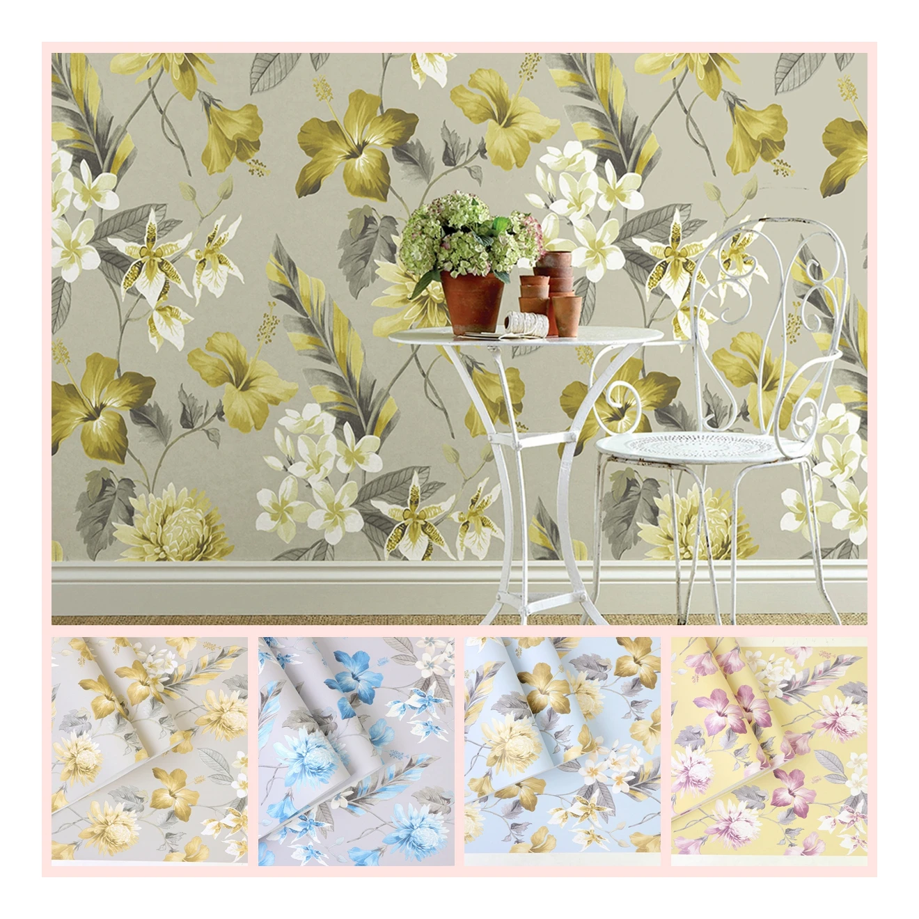 Modern Floral Design 3D Universal PVC Wallcovering Green Colour Waterproof Paper Wallpaper for Living Room Walls