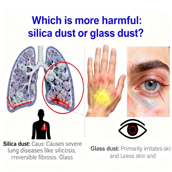 Which is more harmful: silica dust or glass dust?