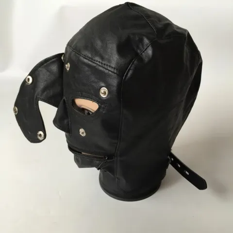Black Leather Headgear, Zipper with Eyes and Mouth Open