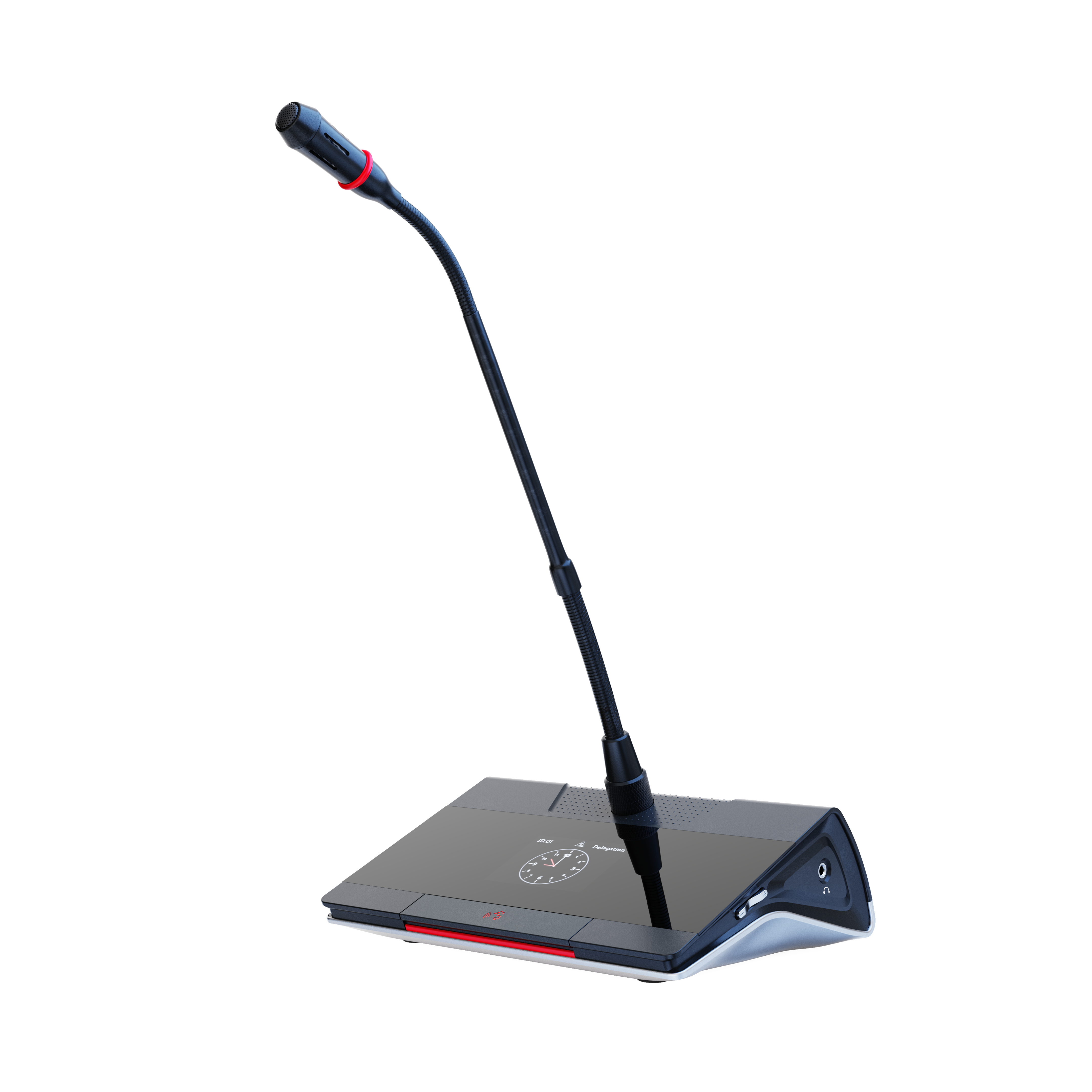 Microfone de conferência com fio e haste flexível para reuniões.