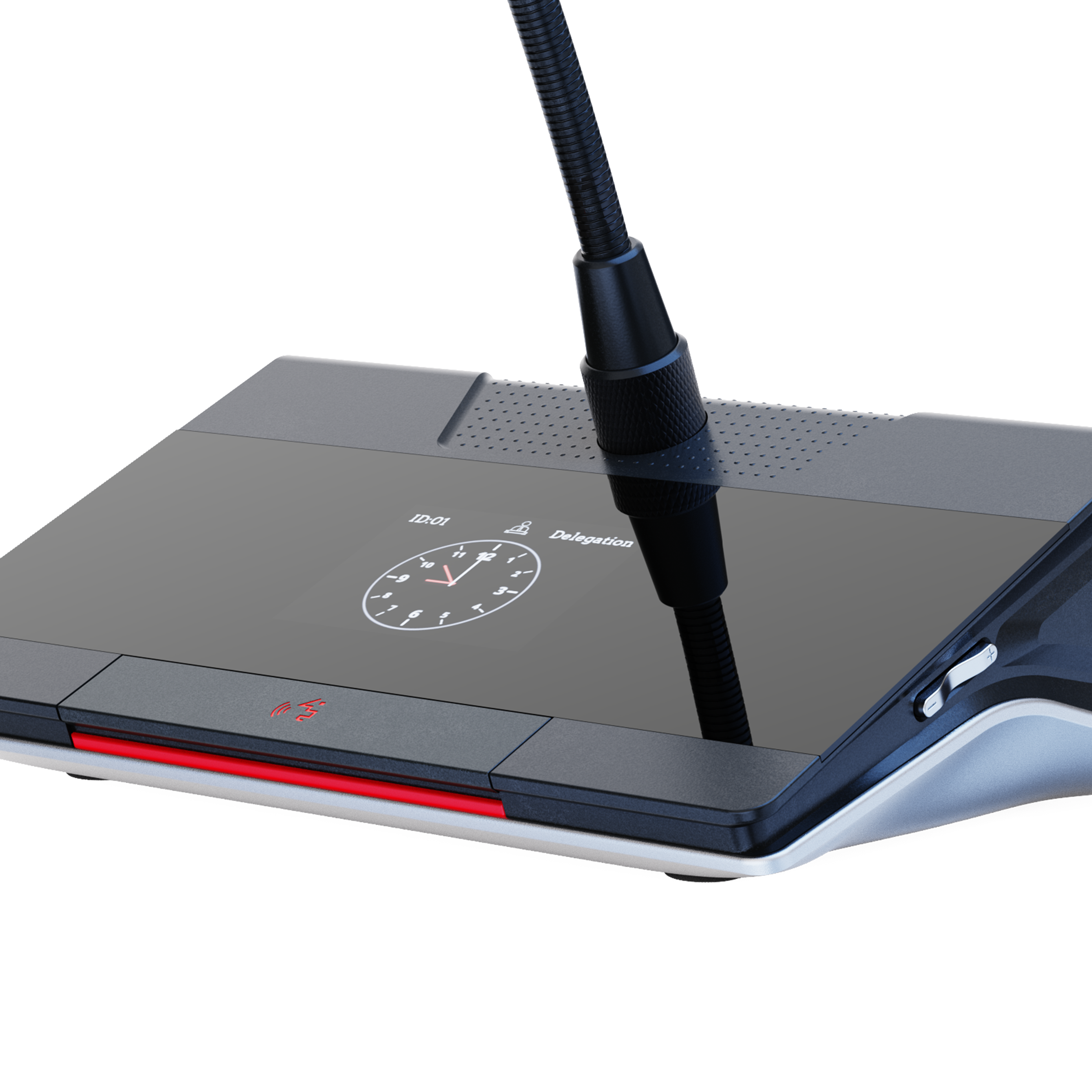 Microfone de conferência com fio e haste flexível para reuniões.