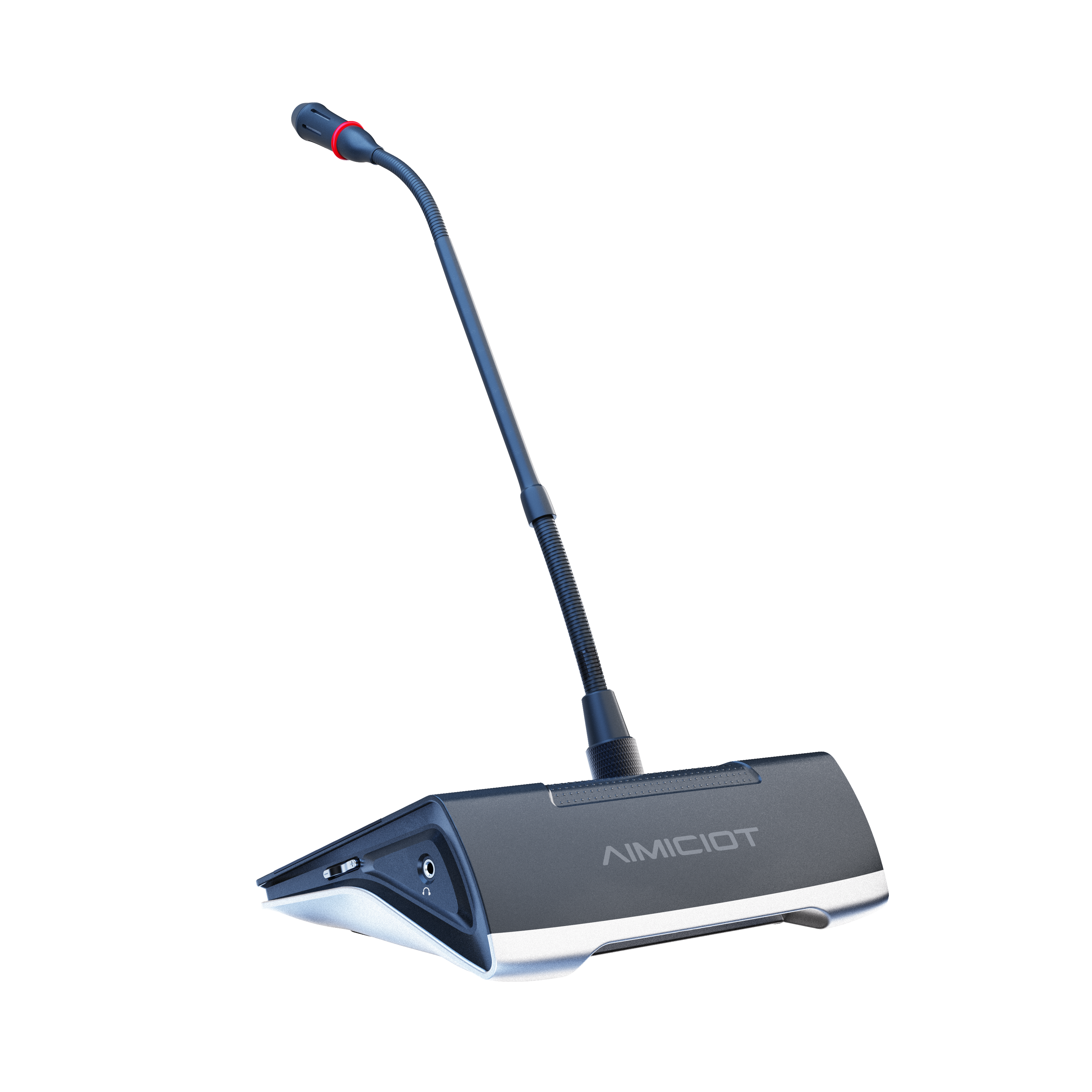 Microfone de conferência com fio e haste flexível para reuniões.