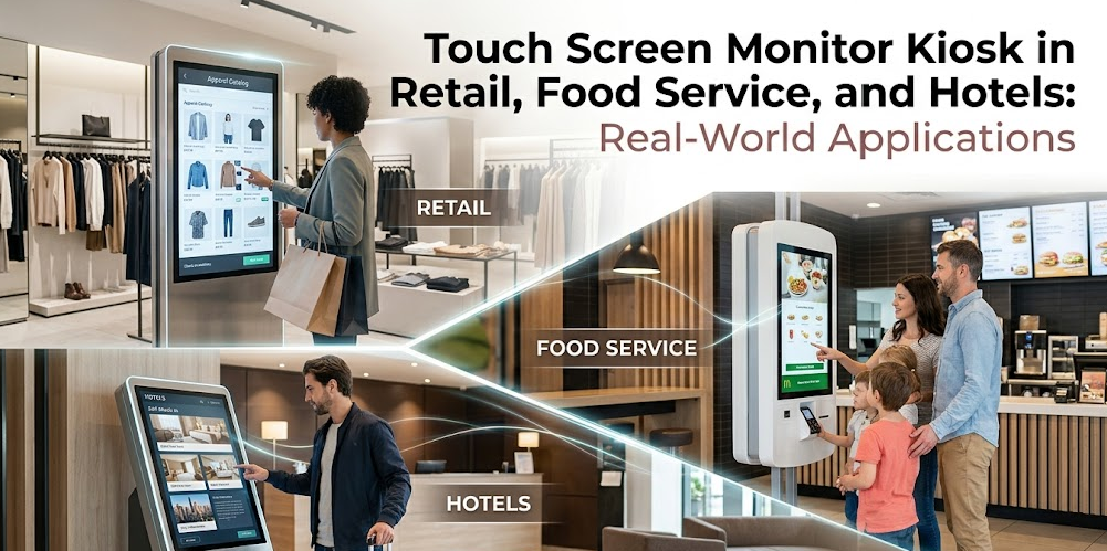 Kios Monitor Skrin Sentuh dalam Runcit, Perkhidmatan Makanan dan Hotel: Aplikasi Dunia Nyata