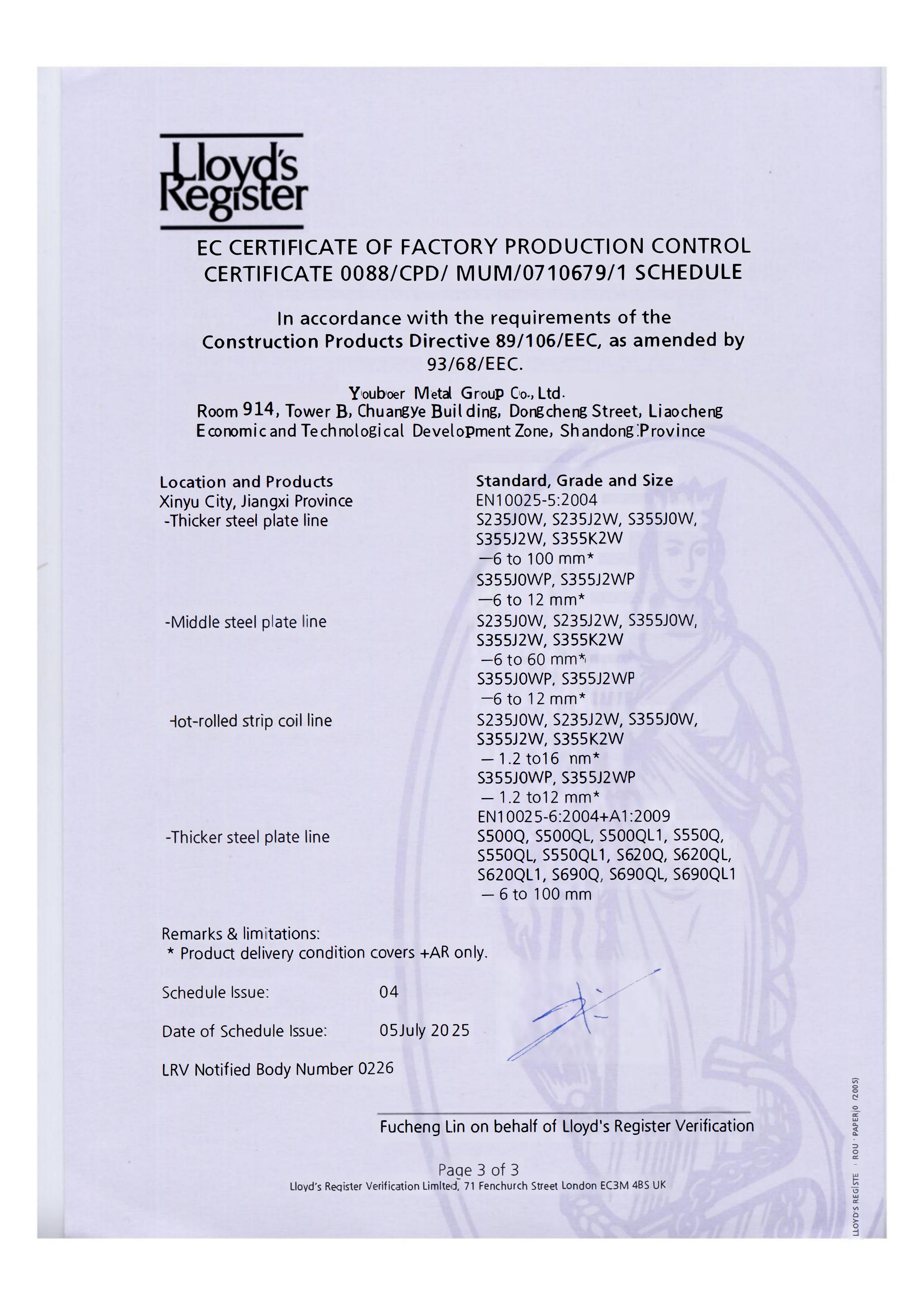 EC CERTIFICATE OF FACTORY PRODUCTION CONTROLCERTIFICATE