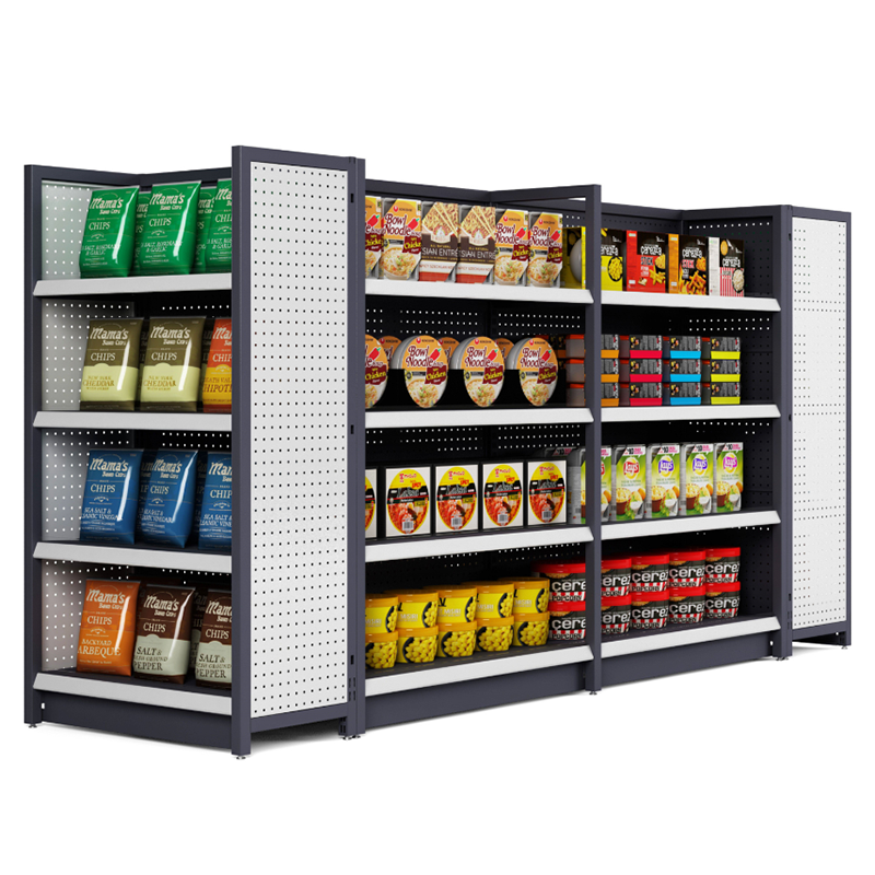 Multi-layer Perforated Board Island Shelves In Supermarkets