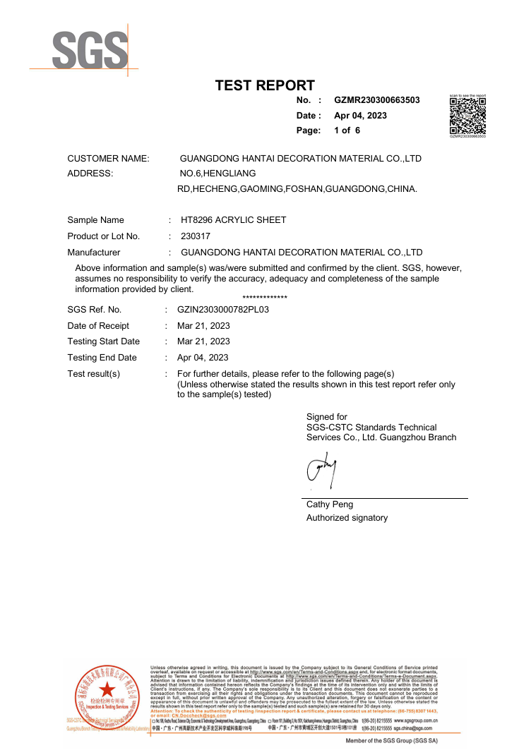 SGS-Acrylic Sheet Light Ageing Test-UV  Exposure