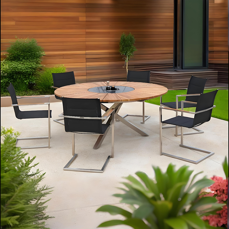 Teak Metal Round Patio Table Set With Lazy Susan