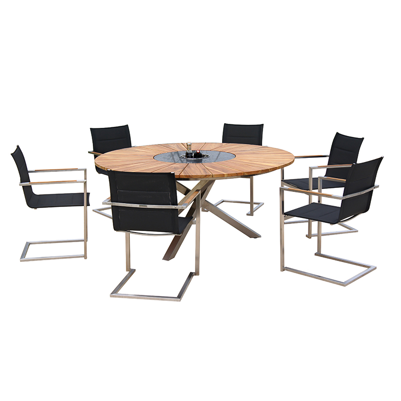 Teak Metal Round Patio Table Set With Lazy Susan