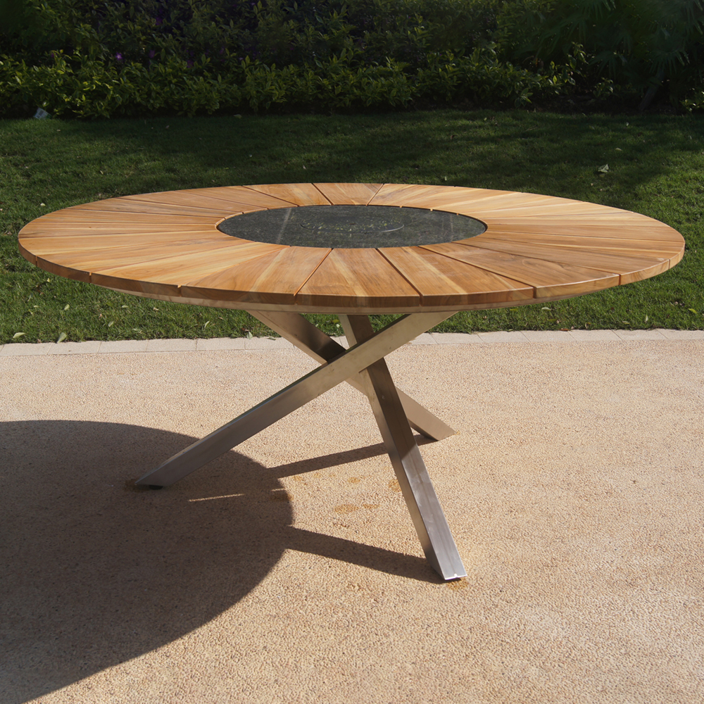 Teak Metal Round Patio Table Set With Lazy Susan