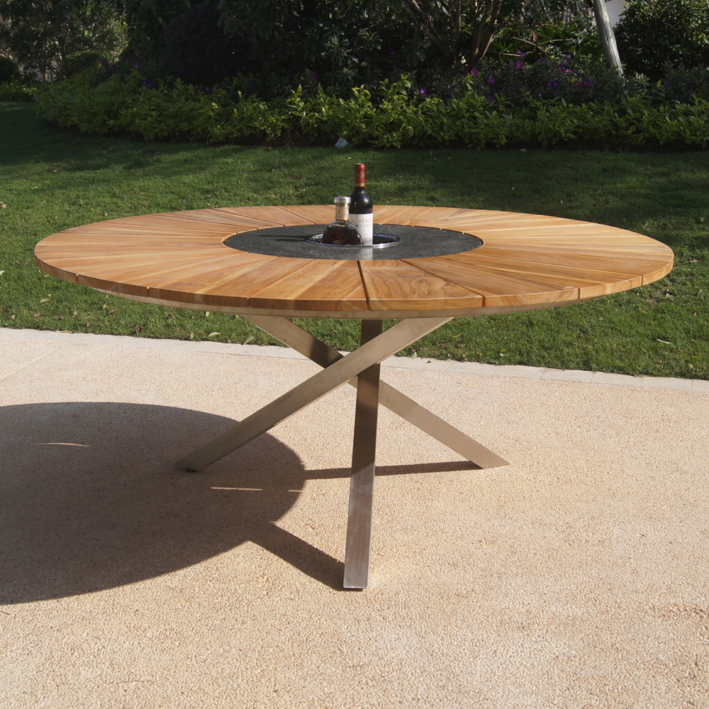 Teak Metal Round Patio Table Set With Lazy Susan
