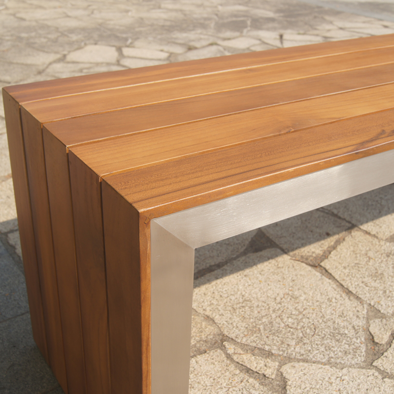 Outdoor Garden Teak Wood Stainless Steel Bench