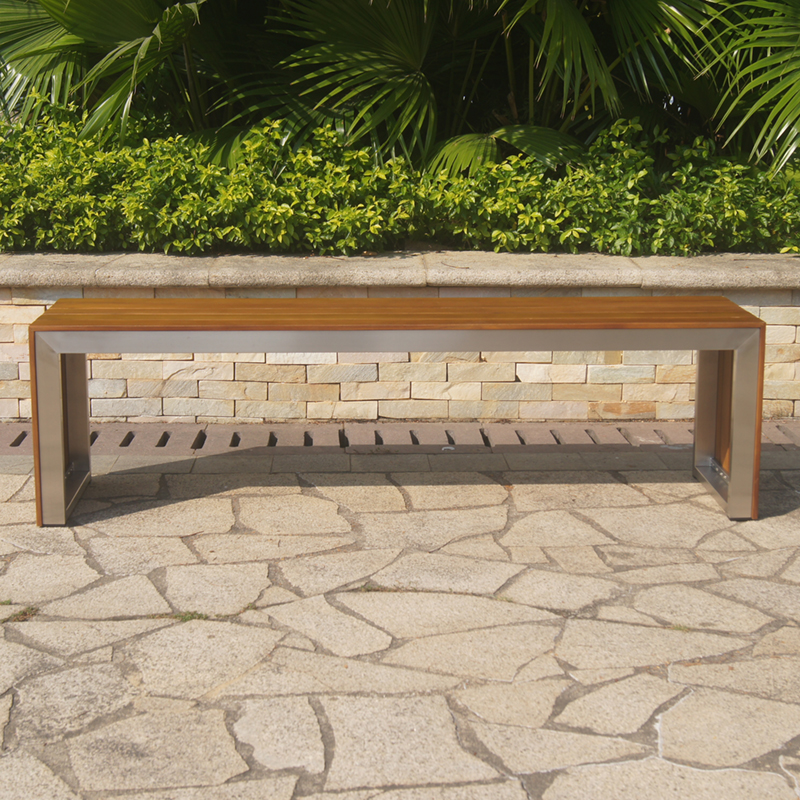 Outdoor Garden Teak Wood Stainless Steel Bench