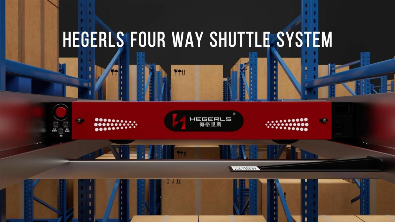HEGERLS four-way shuttle system moving pallets autonomously within high-density storage lanes. HEGERLS four-way shuttle system moving pallets autonomously within high-density storage lanes.