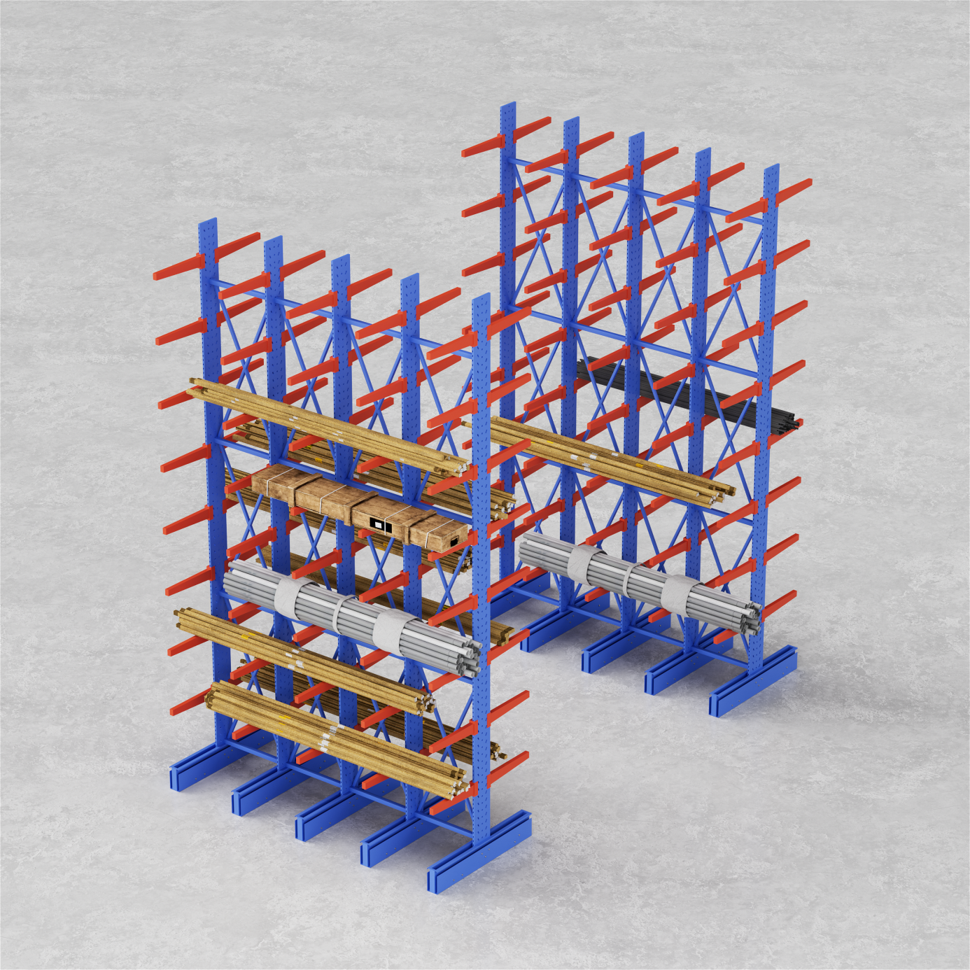 Warehouse long-material storage layout using cantilever racking