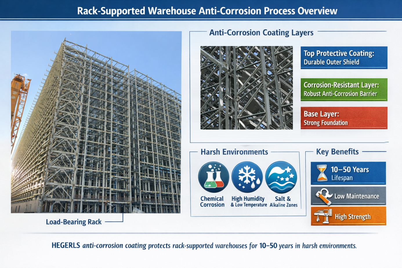 HEGERLS anti-corrosion coating protects rack-supported warehouses for 10-50 years in harsh environments.