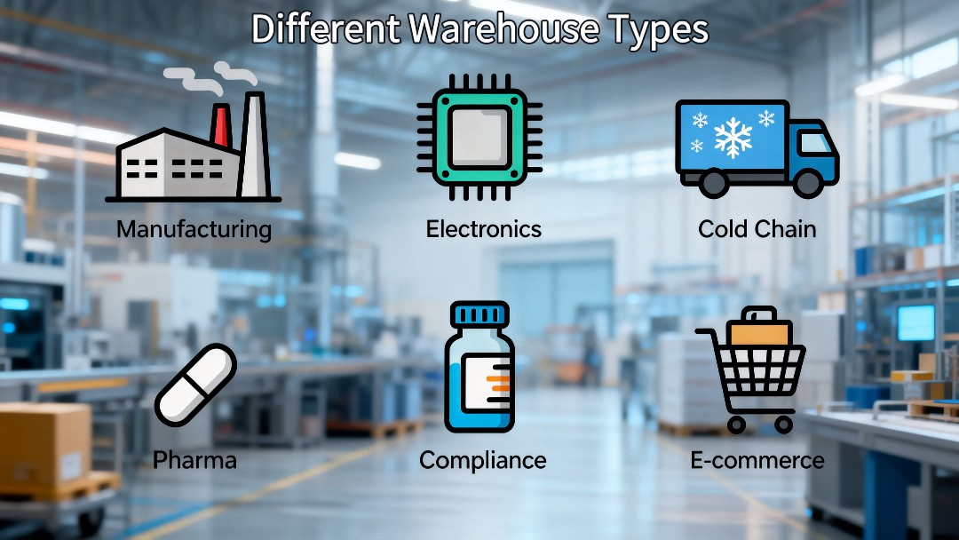 Different warehouse types including manufacturing, electronics, cold chain, pharmaceutical, and e-commerce.