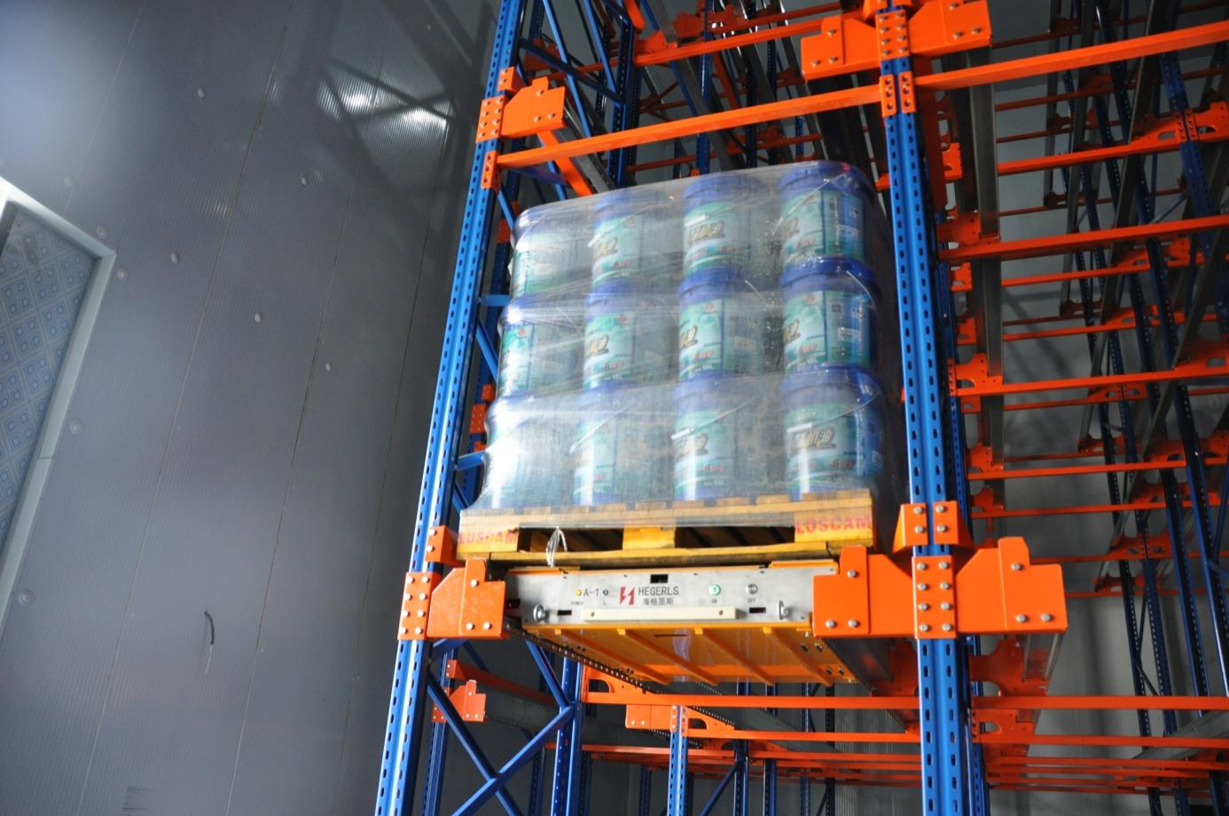 Temperature-controlled automated cold storage warehouse for food products.
